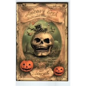 Vintage Halloween Photochrome Postcard Creepy Ghoul Skull & Jack-O'-Lanterns 6x4